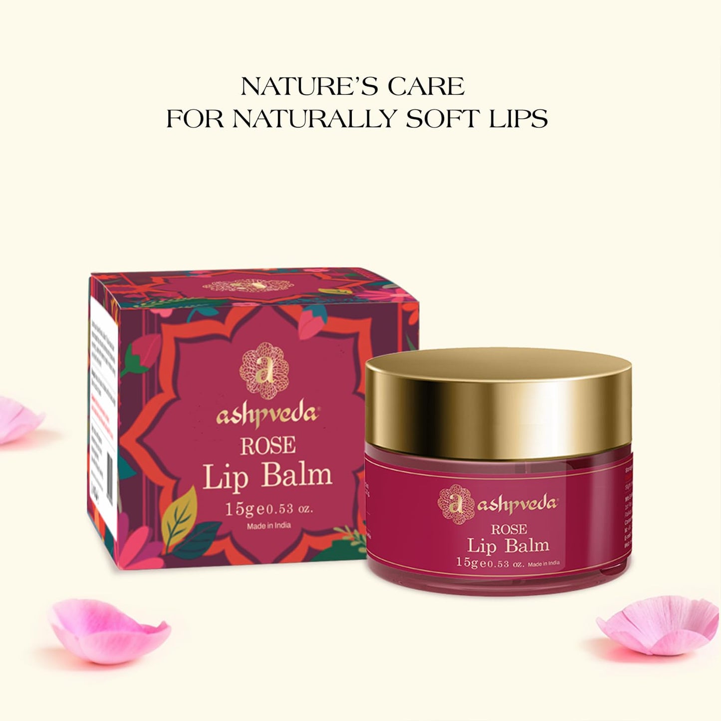 Ashpveda Ayurvedic Rose Petal Lip Balm For Dry & Chapped Lips With Kokum Fruit, Rose Flowers and Almond Oil - Lip UV Protection & Nourishment - Lip Beauty and Personal Care Ashpveda