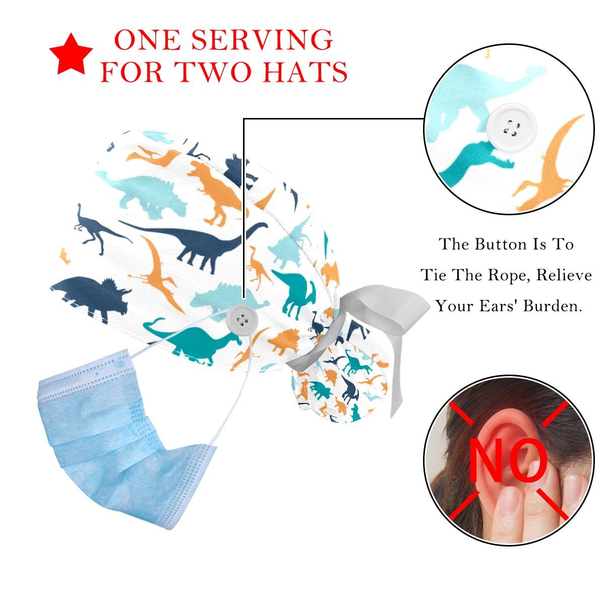 DEYYA Dinosaur Footprint Pattern Adjustable Working Cap with Ponytail Holder, 2 Packs Scrub Cap Bouffant Hat for Men & Women, One Size Beauty and Personal Care DEYYA