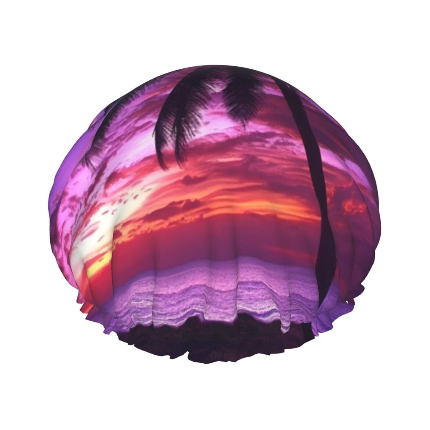 Palm Tree Purple Sunset Shower Cap for Women Men Large Reusable Shower Bonnet Double-Layer Waterproof Bath Caps Elastic Band Hair Hat for All Beauty and Personal Care BWLHJKE