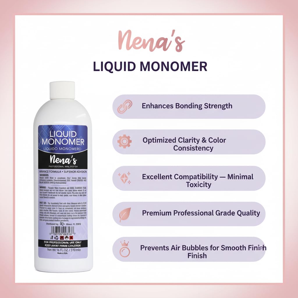 Professional Liquid Monomer by Nena's 16 fl oz, Advanced GlamourShield acrylic formula, no MMA, Non-Yellowing, Quick Dry, Strongest Adhesion, Acrylic