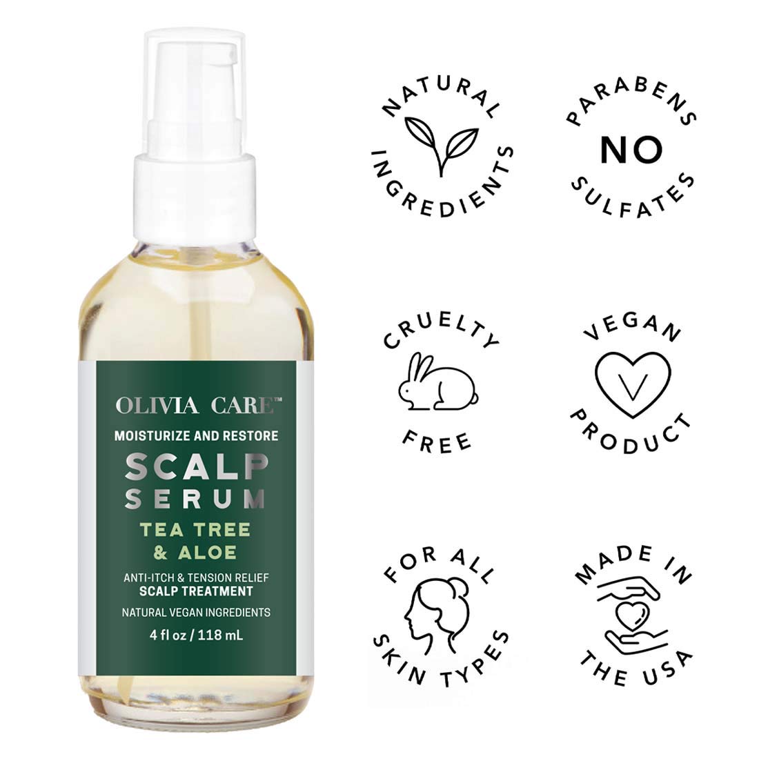 Olivia Care Tea-Tree & Aloe Scalp Serum - Natural & Vegan Ingredients - Moisturize & Anti-Itch Treatment - Stimulate Hair Growth & Repair Damage - 4