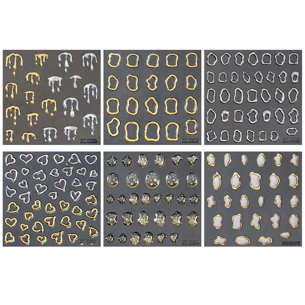 Dornail 6 Sheets 5D Crystal Soft Glue Embossed Nail Stickers Irregular Geometric Frames Nail Decals Hearts Waterdrop Nail Art Stickers Self Adhesive Beauty & Personal Care Dornail
