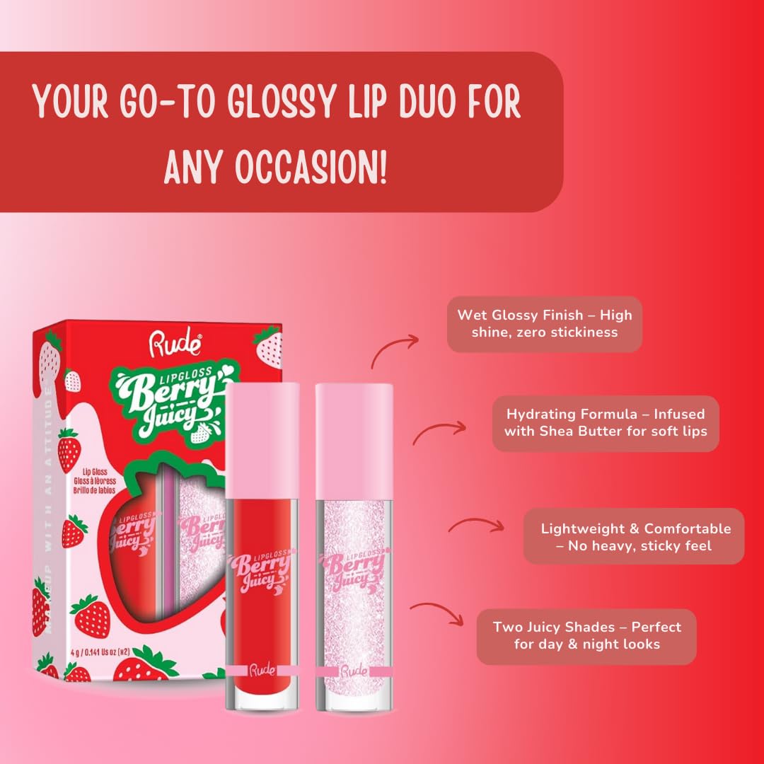 RUDE Cosmetics Berry Juicy Lip Gloss for Women, High Shine Lip Glosses Set, Moisturizing & Hydrating Lipgloss for Girls, Ideal for Day & Night Makeup Beauty & Personal Care RUDE