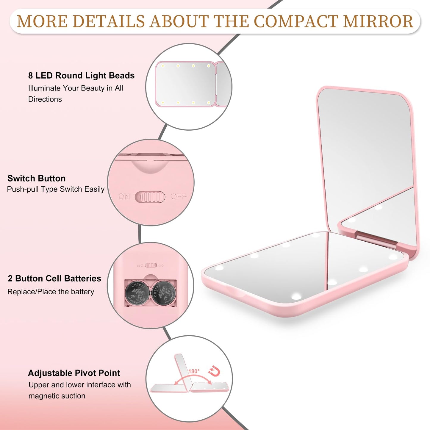 Kakuje Compact Mirror, 1X/3X Magnification LED Pocket Mirror with Nternal BIattery, Mini Mirror for Purse, Pocket,Travel and Present (Pink) Beauty and Personal Care Kakuje