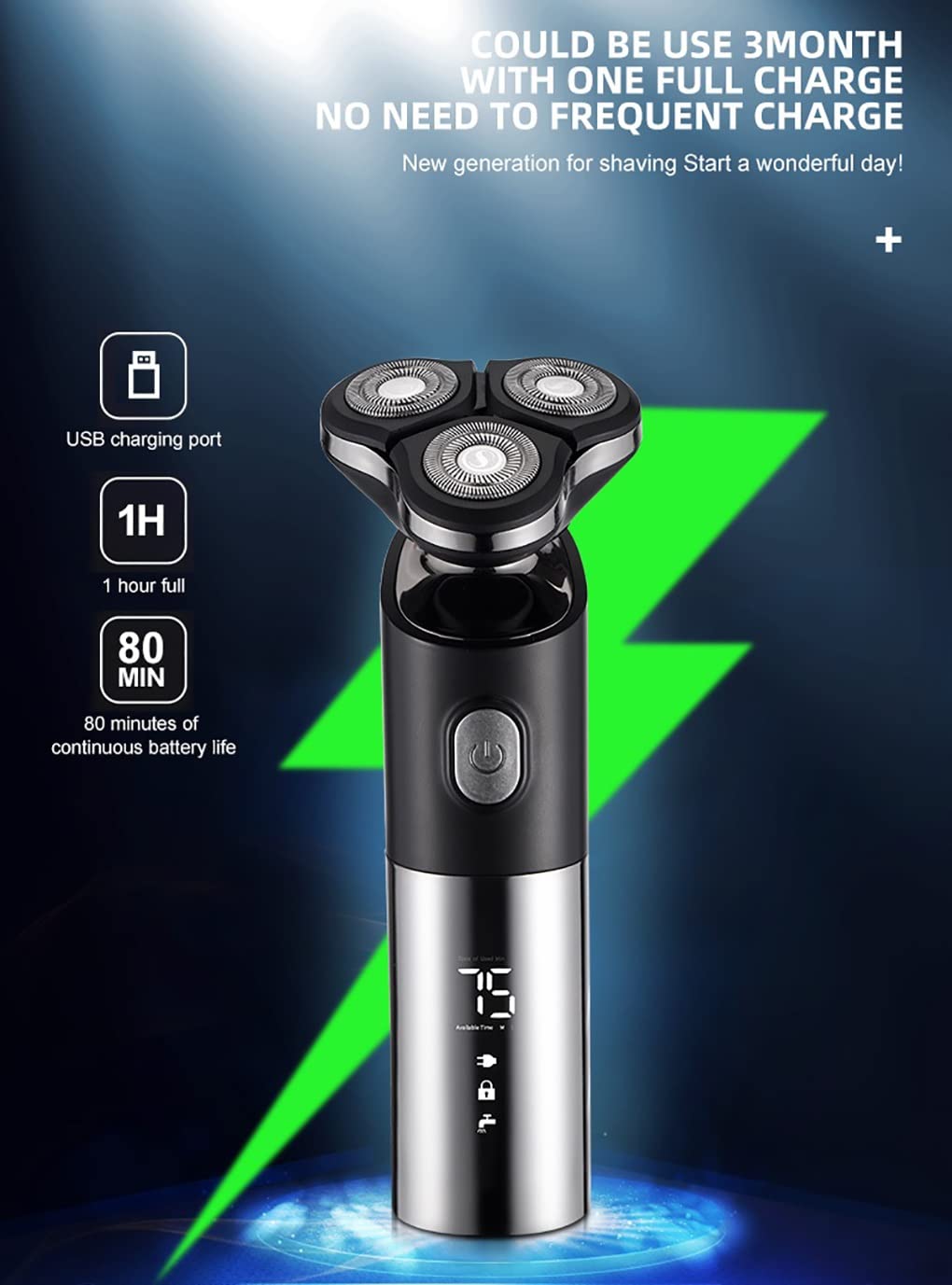 WTCBQC Head Shavers for Bald Men, 3 Head Electric Shaver for Men 3D Electric Razor Waterproof Beard Trimmer Cutter for Men Shaving Machine Recharge Beauty and Personal Care WTCBQC