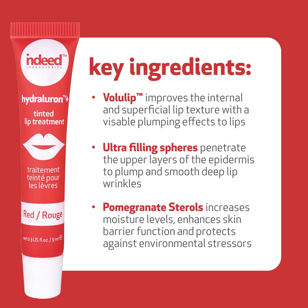 INDEED LABS Hydraluron + Tinted Lip Treatment, Hydrating Anti-Aging Lip Balm Treatment for Smooth Lips with Natural, Subtle Color, 9ml (Red) Beauty & Personal Care INDEED