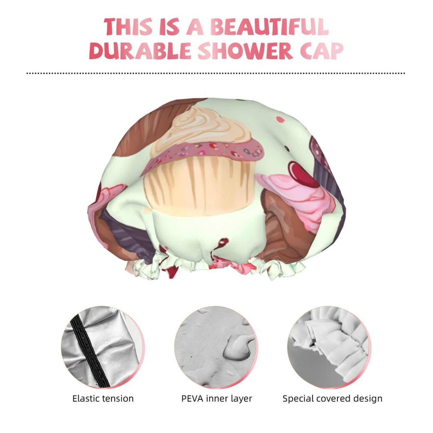 Cupcake Shower Cap for Women Men Large Reusable Shower Bonnet Double-Layer Waterproof Bath Caps Elastic Band Hair Hat for All Hairstyles Beauty and Personal Care BWLHJKE