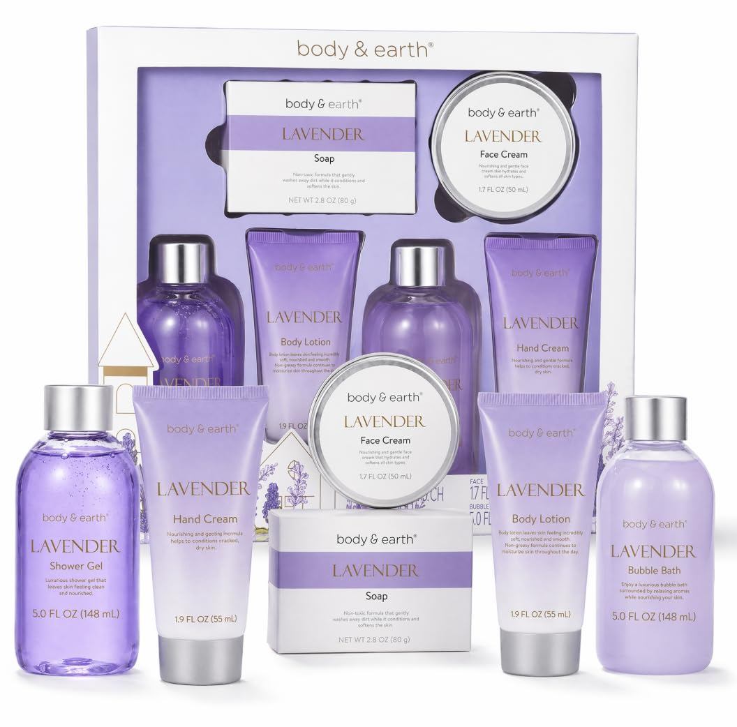 BODY & EARTH Bath and Body Gift Box for Women- 6 Pcs Lavender Bath Kit for Women Spa Set, Birthday, Mother's Day Gift Set Includes Bubble Bath, Shower Beauty and Personal Care BODY & EARTH
