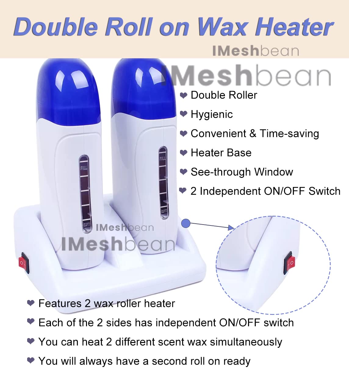 Double Depilatory Roll on Wax Heater Roller Warmer Cartridge Strips Hair Removal Kit with ON/OFF Switch (Aloe & Honey Wax Refill) Beauty and Personal Care iMeshbean