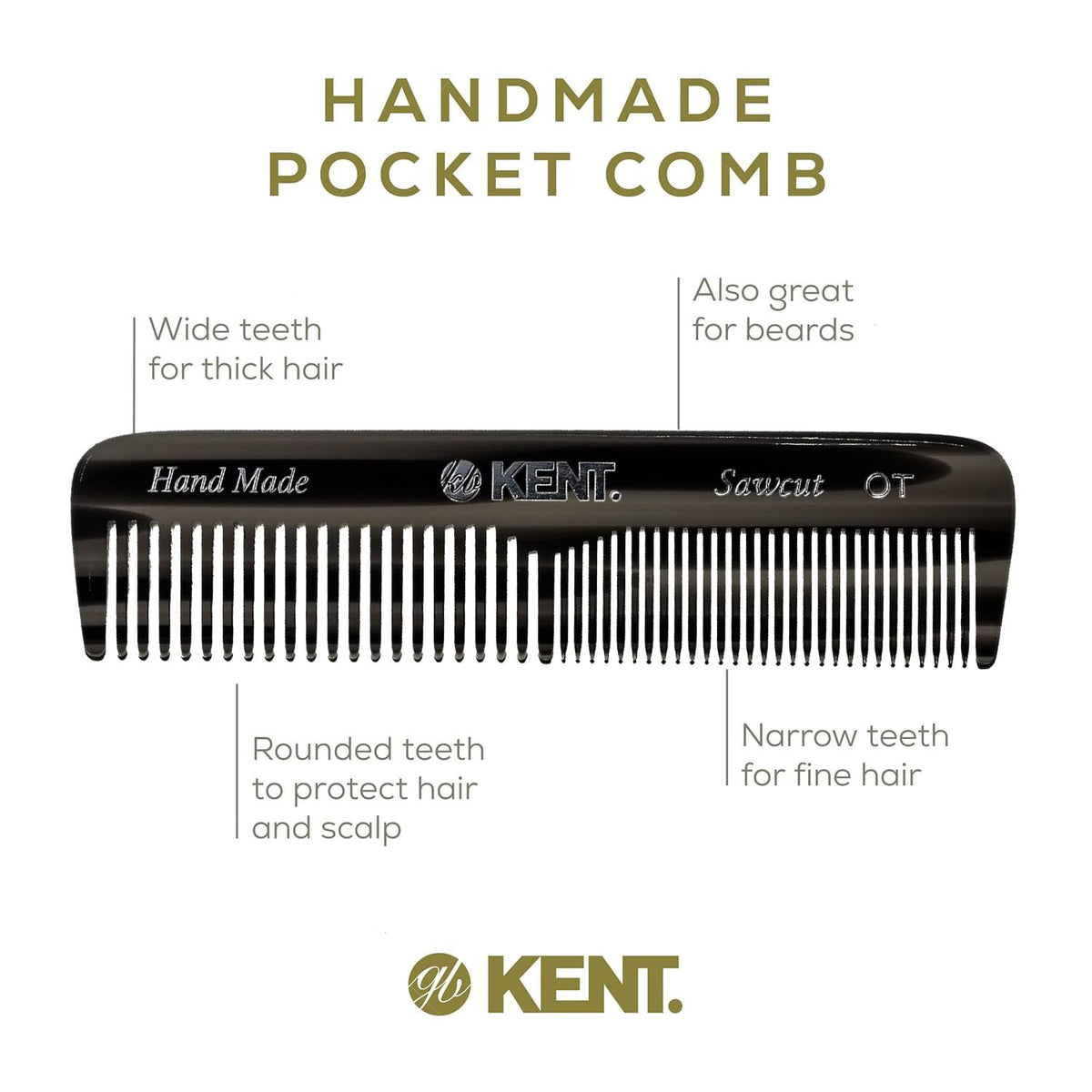 Kent OT Black Graphite Pocket Comb - Handmade Fine and Wide Tooth Hair Comb for Men, Women, and Kids - Travel, Beard, and Mustache Comb - Saw Cut and