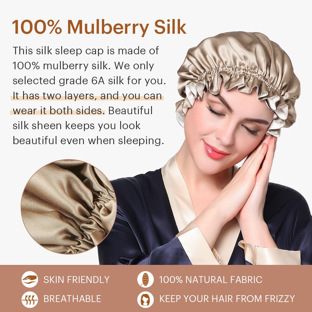LilySilk Pure Silk Lined Cap for Women Sleep, Double Layered, Adjustable Ribbons, Luxury Natural Silk Bonnet Cap for Sleeping Coffee+White Beauty and Personal Care LilySilk