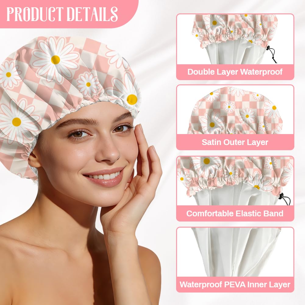 DELORIGIN Pink Daisy Reusable Shower Cap Buffalo Check Double Layer Waterproof Shower Caps Large Elastic Hair Cover Adjustable Hair - Drying Caps Beauty and Personal Care DELORIGIN