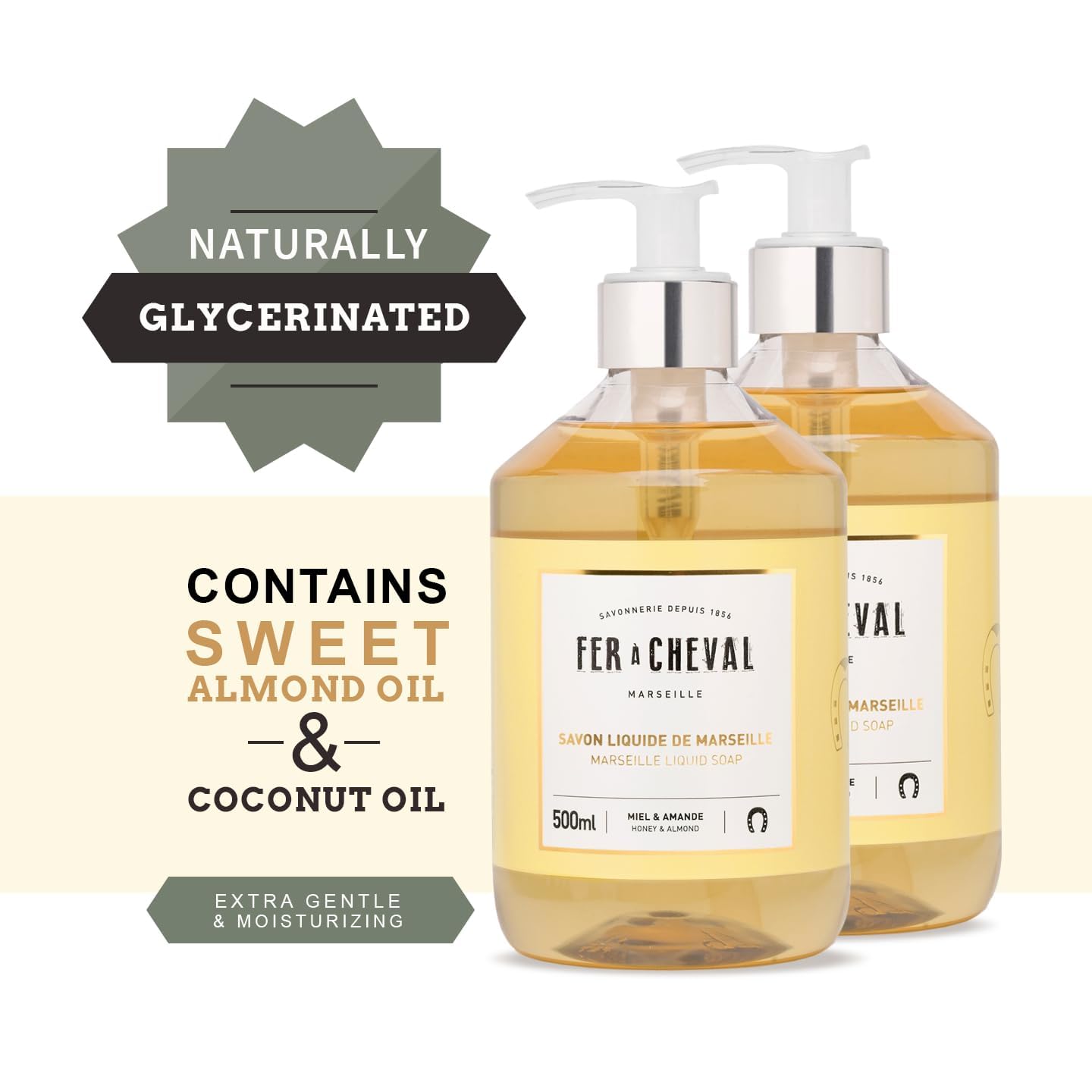 Fer à Cheval Honey & Almond Nourishing Liquid Soap - Natural Almond & Coconut Oil Blend, Ultra Gentle & Moisturizing, Eco-Conscious - Set of 2, 500ml Beauty & Personal Care Fer à Cheval