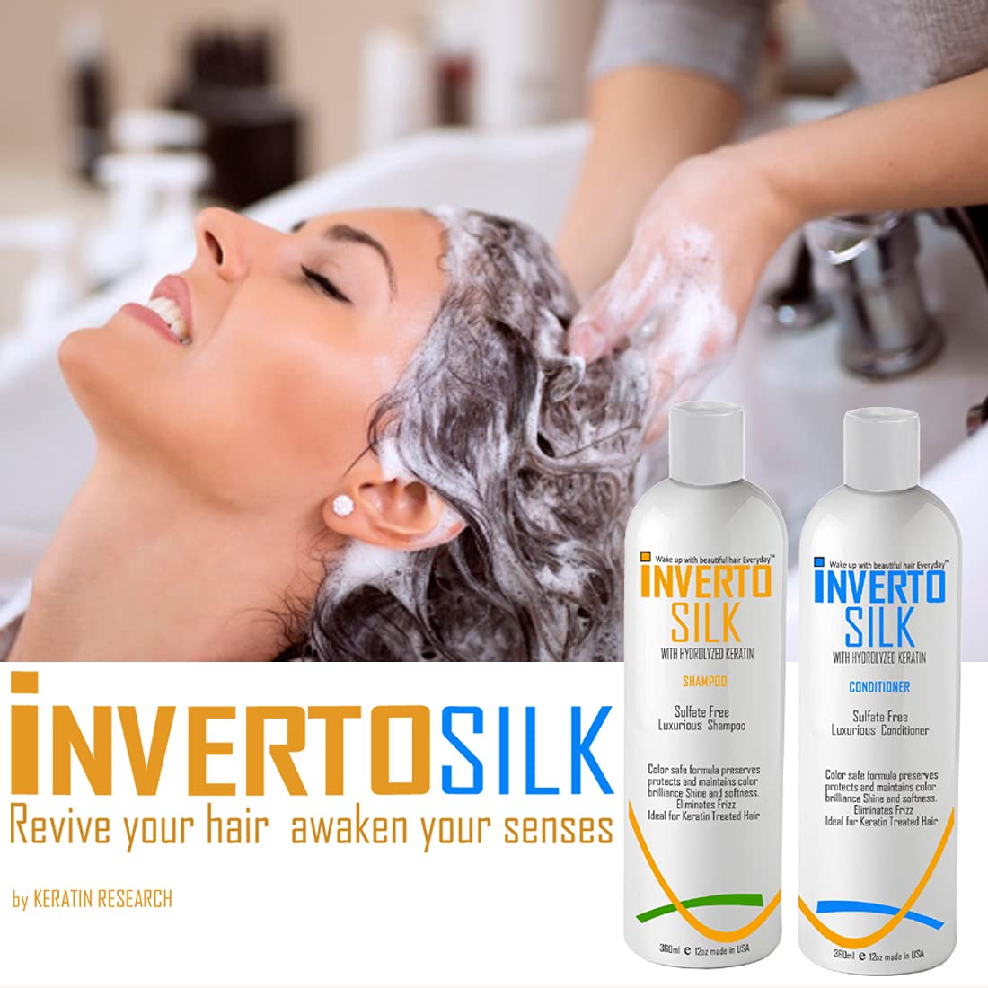 Keratin Shampoo Set For Frizzy Damaged And Color Treated hair INVERTO SILK Luxurious Sulfate Free Shampoo and Conditioner Two Bottles Value Set 2 x Beauty & Personal Care INVERTO REVOLUTION