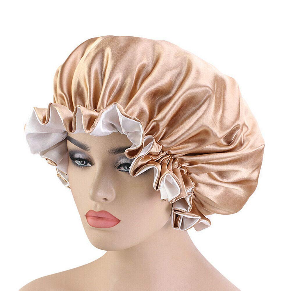 Magik Double-sided Cover Satin Night Sleep Cap Hair Bonnet Hat Head w/Elastic Band (2 Pack, Champagne/Ivory) Beauty and Personal Care Magik
