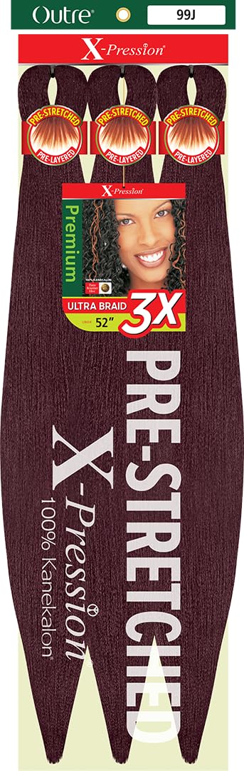 Outre X-Pression Braid - Pre Stretched Braid 52" 3X (5 Pack, DEEP WINE 99J)