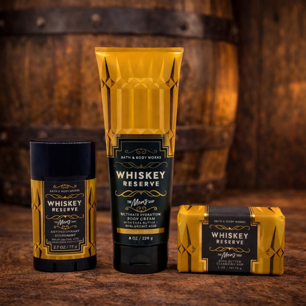 Bath & Body Works WHISKEY RESERVE Men’s Collection Body Cream, Shea Butter Cleansing Bar, and Antiperspirant Deodorant 3pc Gift Set with 30-inch Gold Beauty and Personal Care Bath & Body Works