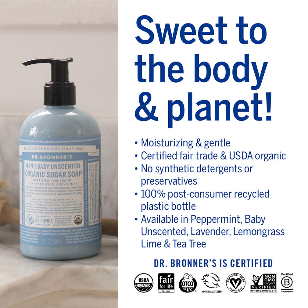 Dr. Bronner's Organic Sugar Soap (Baby Unscented, 12 Ounce) - Made with Regenerative Certified Organic Oils, Sugar & Shikakai Powder, 4-in-1 Use Beauty & Personal Care Dr. Bronner's