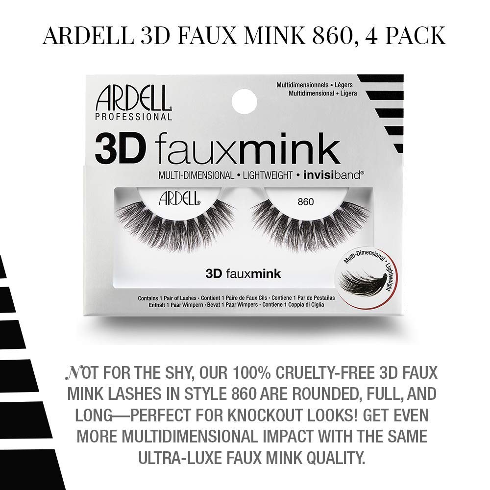 Ardell False Eyelashes 3D Faux Mink Lashes, 860 - Lightweight Strip Lashes with Invisiband for a Dramatic Eye Look, 4 Pairs