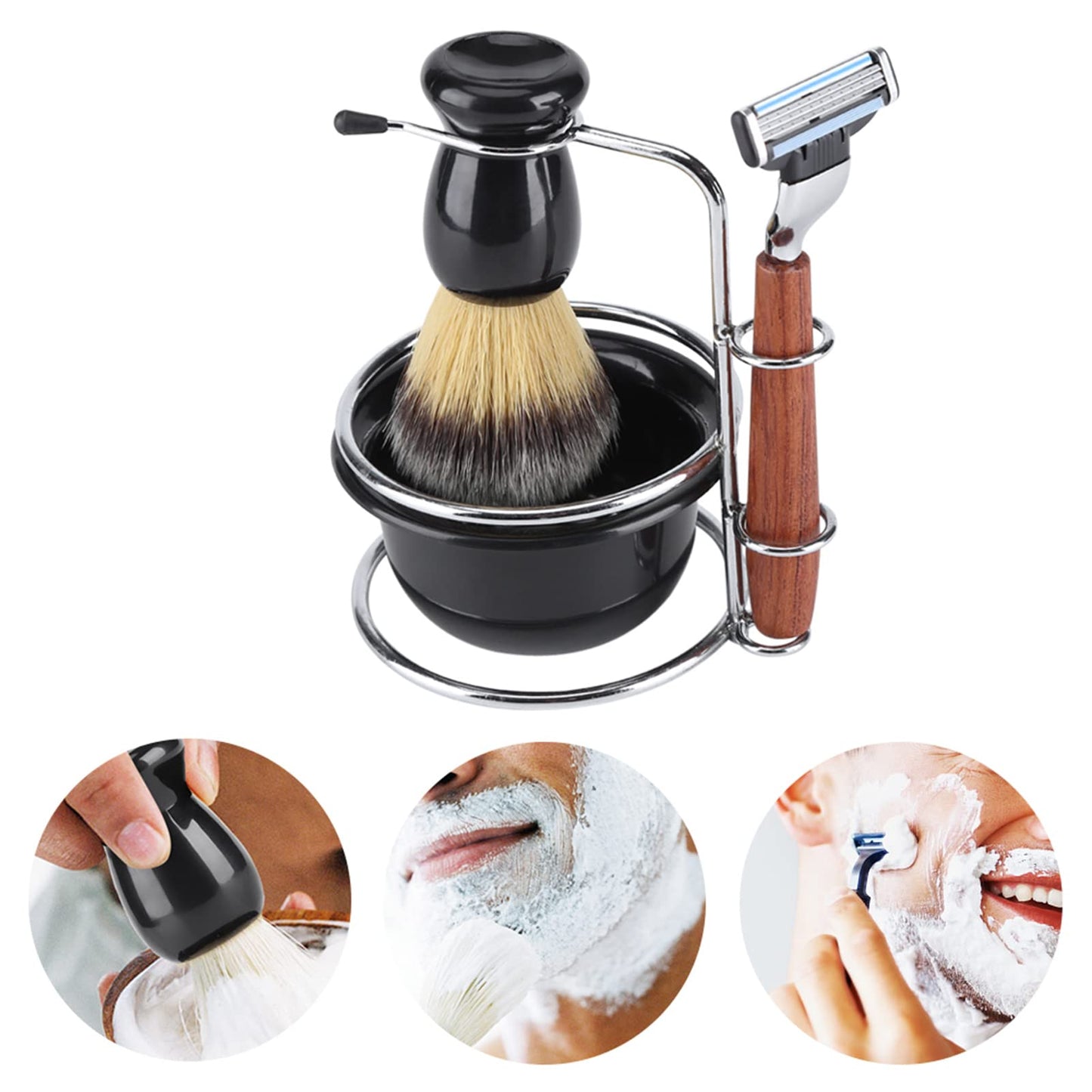 RIZGHWOY 4 in 1 Shaving Set for Men with Wooden Handle Hair Brush Stainless Steel Stand Bowl Husband Father Dad Beauty and Personal Care RIZGHWOY