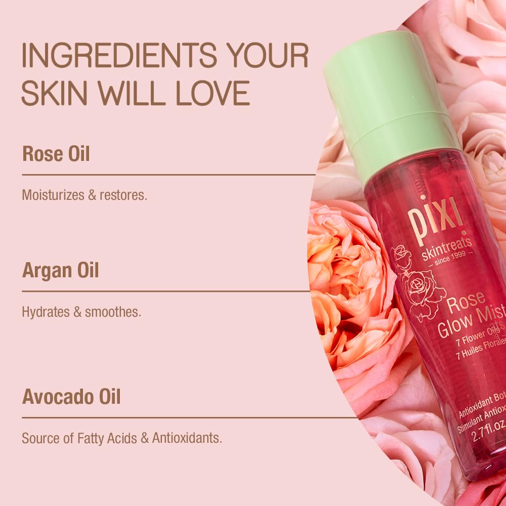 Pixi Beauty Rose Glow Mist | Hydrating Makeup Setting Spray with Rose Water & 21 Natural Oils | Luminous Dewy Finish | All-Day Hold | Refreshes & Sets Beauty & Personal Care Pixi