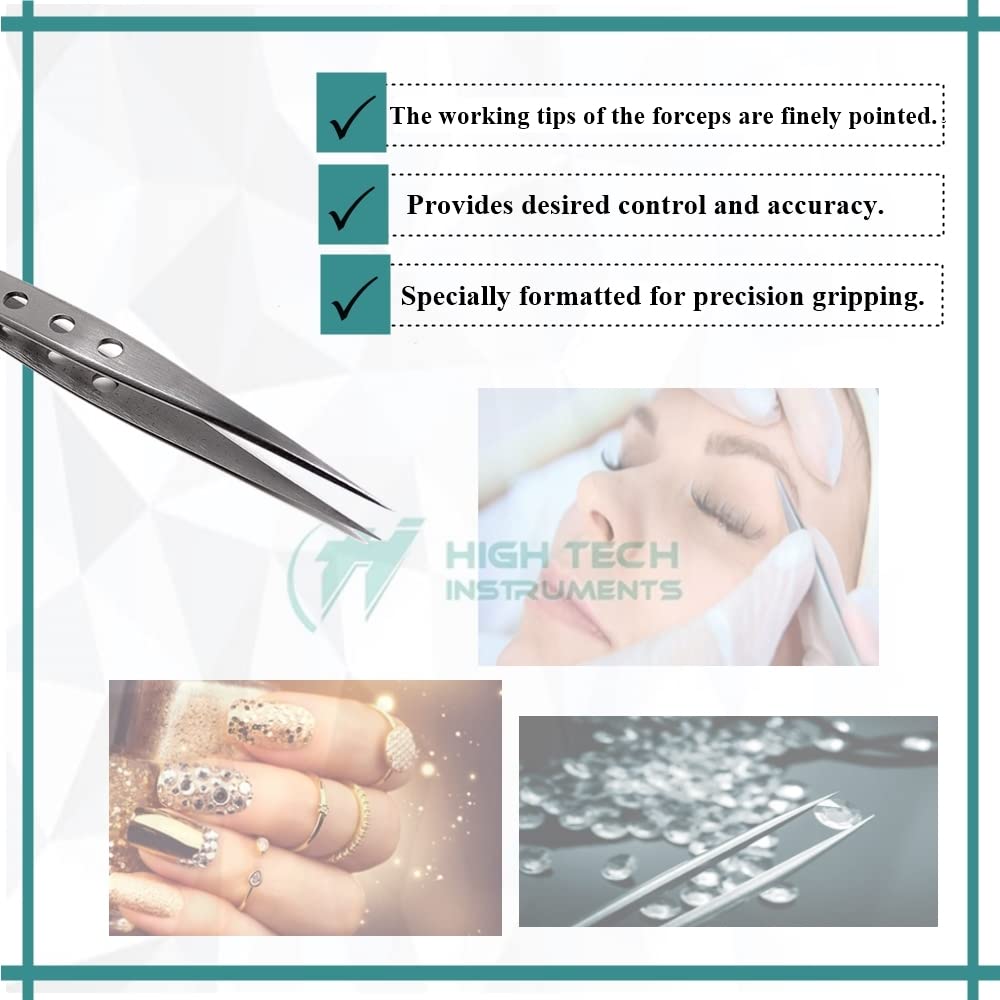 Professional Stainless Steel Tweezers 4.75" with Fine Precision Tips for Facial Hair, Splinter and Ingrown Hair Removal Used by Women & Men Beauty and Personal Care HIGH TECH INSTRUMENTS