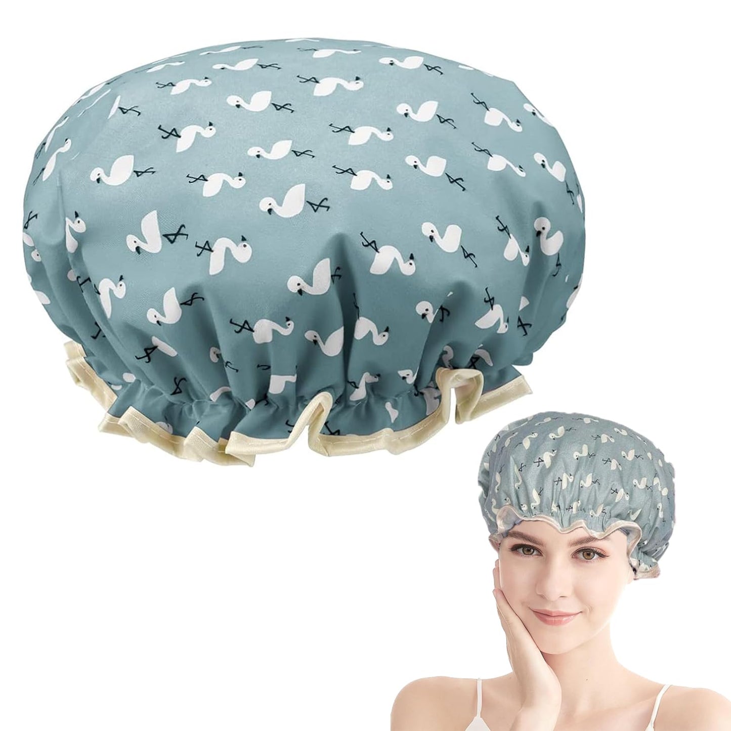 Double Layer Shower Cap for Women Waterproof Reusable Elastic Band, Ruffled Edges Covering Ears for Long, Short & Curly Hair (Blue Bird) Beauty and Personal Care YUNYU