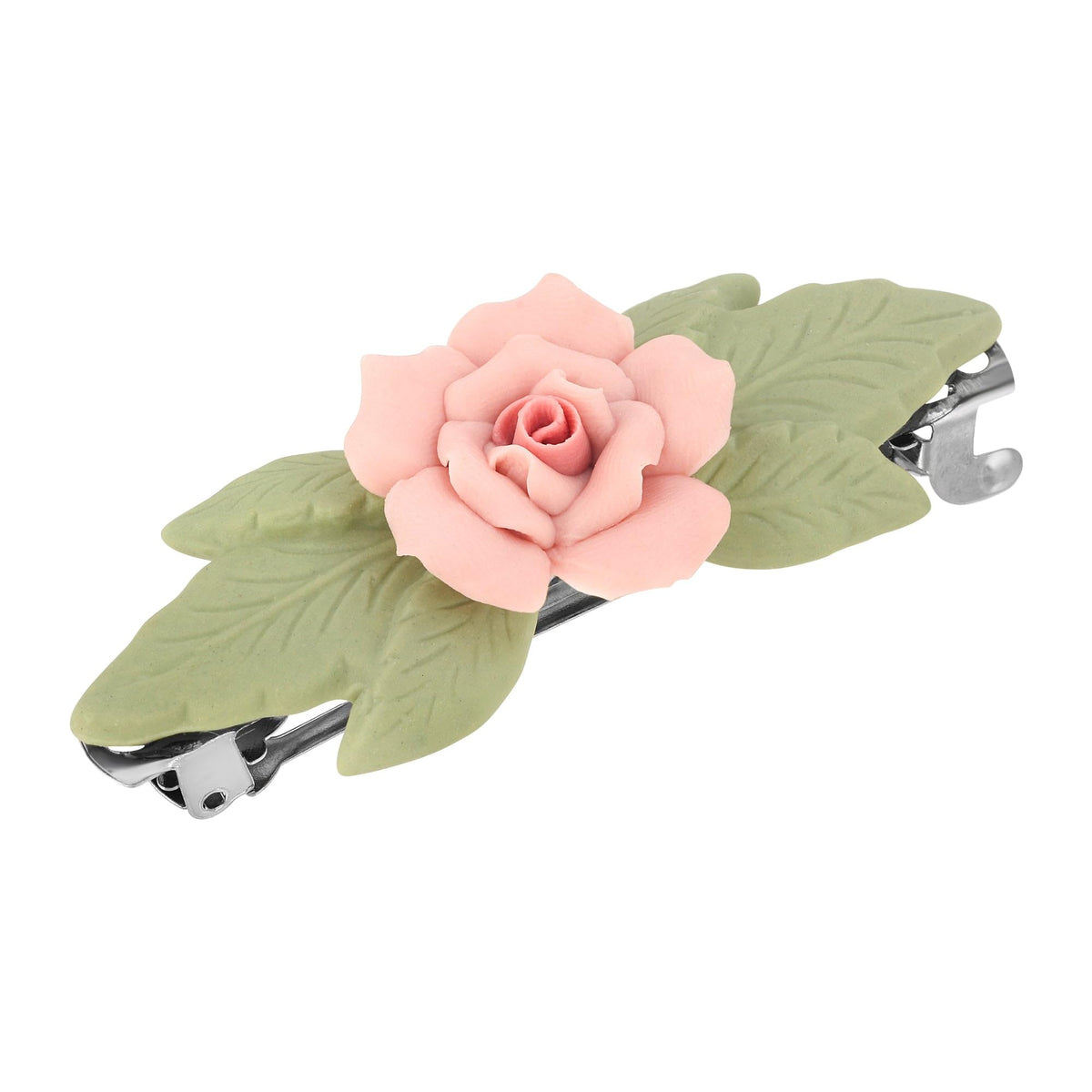 1928 Jewelry Genuine Porcelain Rose And Green Leaf French 2.68 Inch Hair Barrette Clip For Women, (1 Pcs), Handmade Flowers, Botanical Inspired Floral