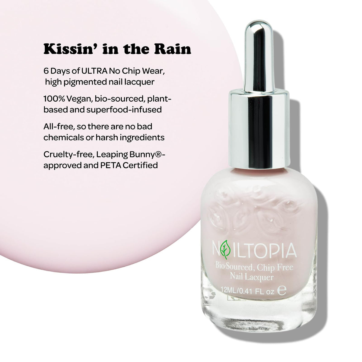 Nailtopia - Plant-Based Chip Free Nail Lacquer - Non Toxic, Bio-Sourced, Long-Lasting, Strengthening Polish - Kissin In The Rain (Light Pastel Pink)