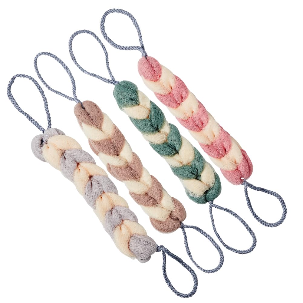 Éclat Long Stretch Back Loofah, Braided Mesh Shower Sponge with Rope Handles, Exfoliating Body Scrubber, Long Handle Bath Pouf for Deep Cleansing Beauty and Personal Care Éclat
