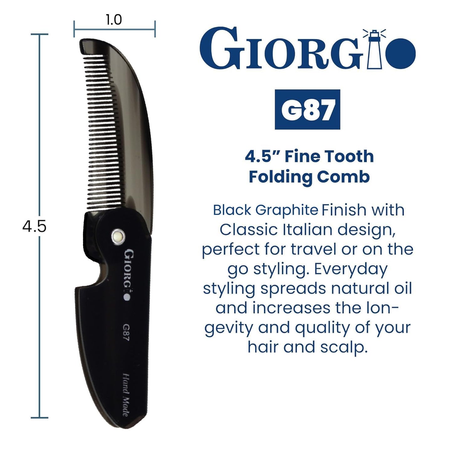 Giorgio G87 Folding Mustache and Beard Comb, Small Pocket Comb for Men,Fine Tooth,Handmade, Saw-cut, Hand Polished,Pocket Styling Combs for Everyday Beauty and Personal Care GIORGIO