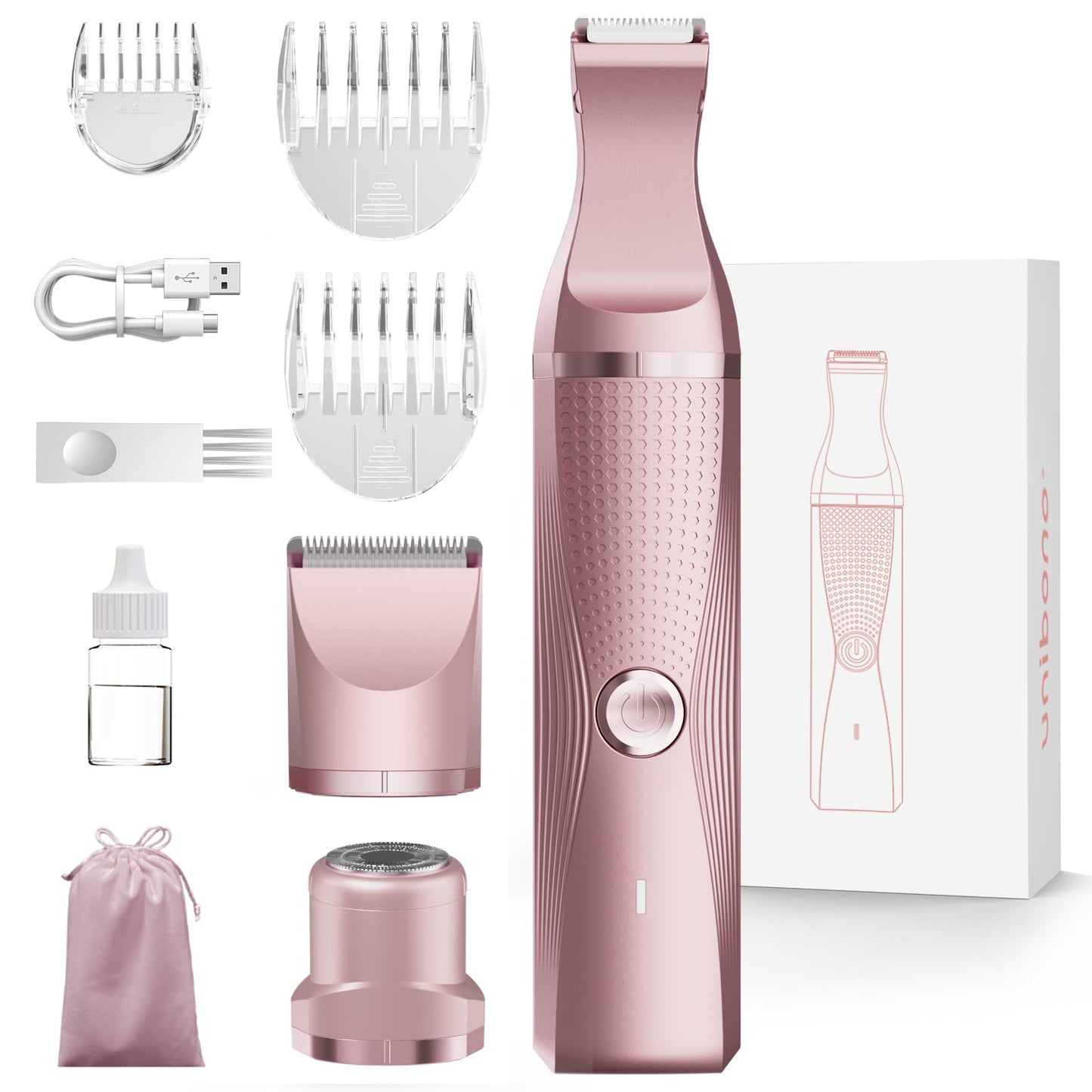 Unibono Pubic Hair Trimmer Women - Waterproof Bikini Trimmer, Rechargeable 3-in-1 Electric Razor, Personal Trimmer Groomer for Body Hair, Cordless Beauty and Personal Care unibono