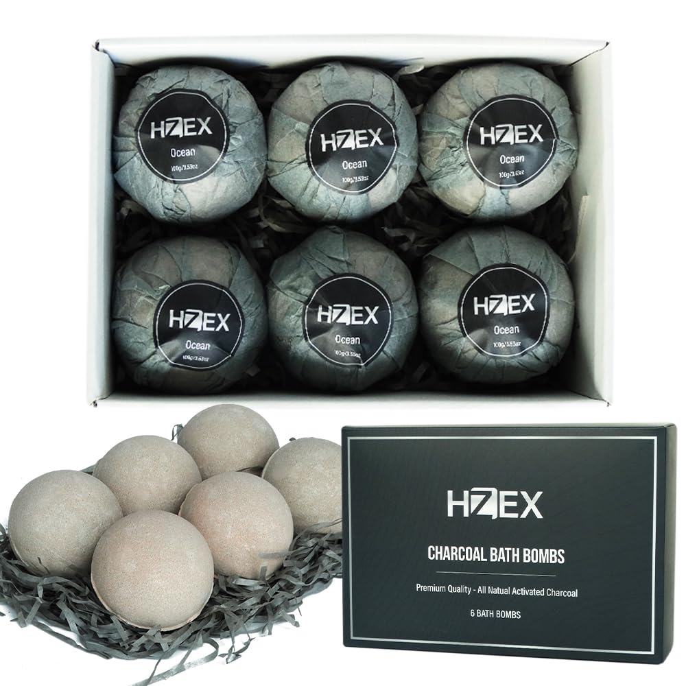HZEX Charcoal Activated Bath Bombs for Men - Detox with Handmade Organic 6 Pack Bath Bomb Set, up to 3 Scents (Sandalwood, Bergamot, Ocean) Beauty and Personal Care HZEX