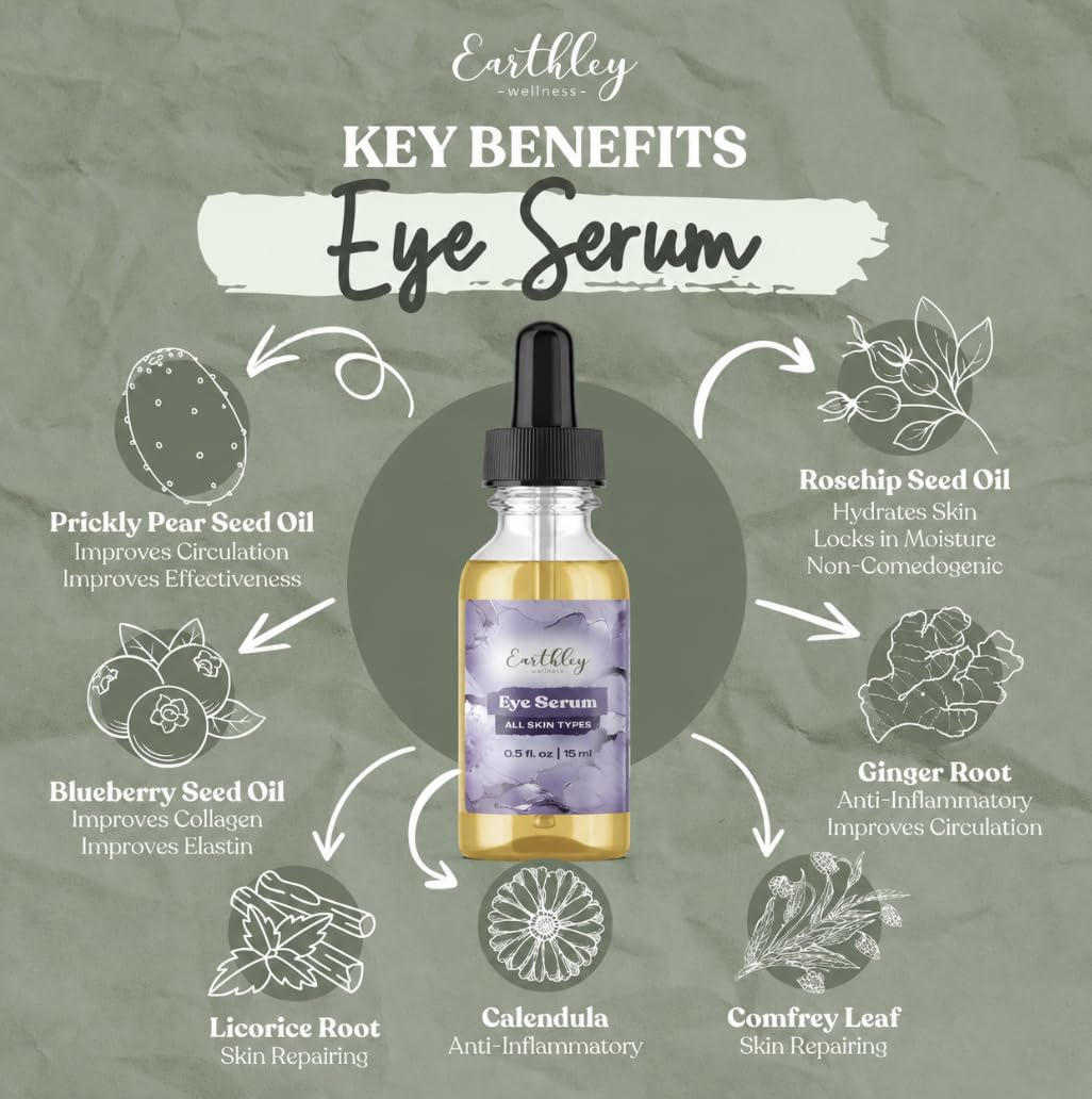Earthley Wellness Eye Serum, Smoothes Wrinkles, Nourishes Skin, Banishes Dark Eye Circles, Youthful Eyes, Reduce Fine Lines, Parabens and Fragrance Beauty & Personal Care Earthley Wellness