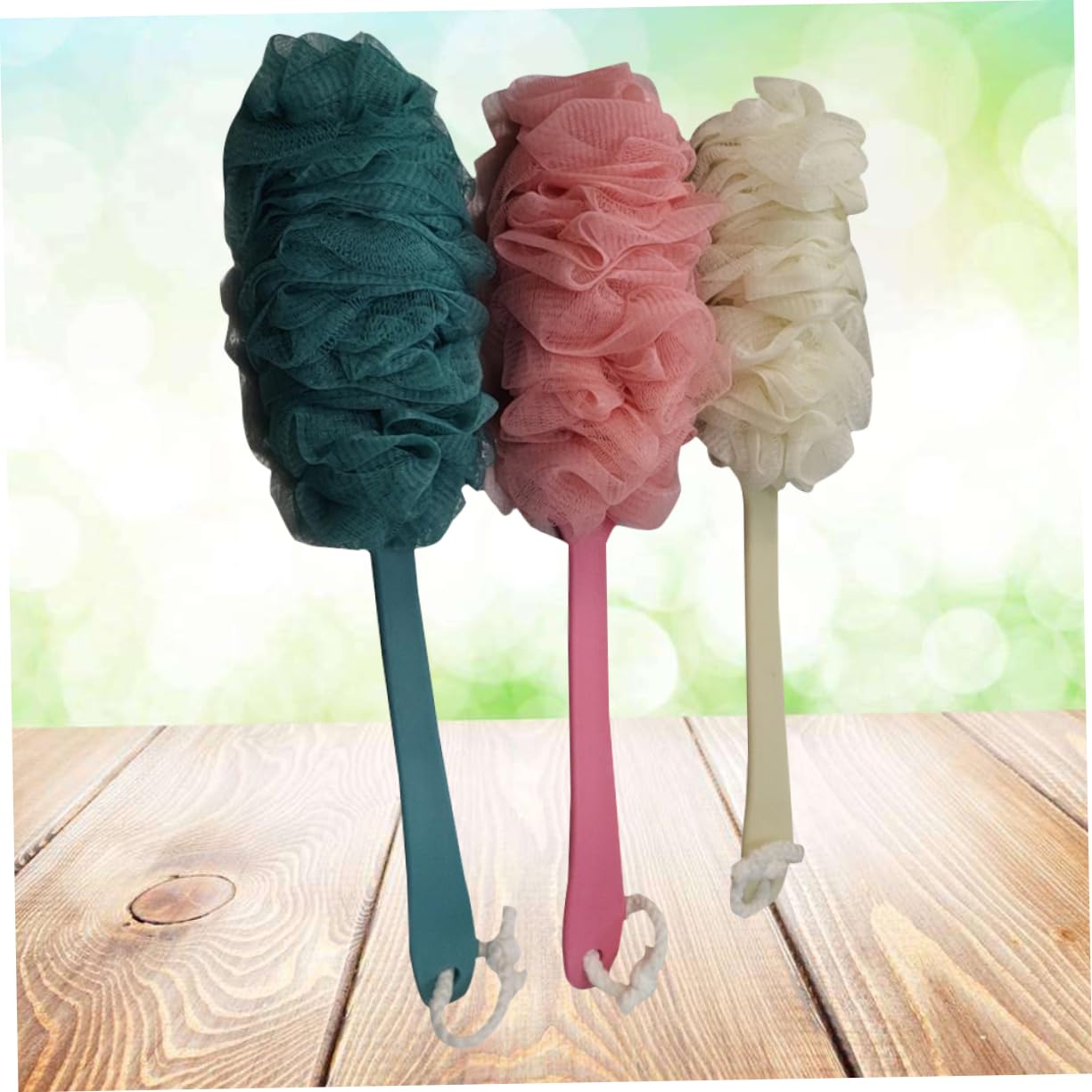 PartyKindom 3pc Long Handle Bath Flower Scrubber Shower Brush Body Brush Exfoliating Bath Sponge Handle Soft Lathering for Gentle Cleaning Beauty and Personal Care PartyKindom
