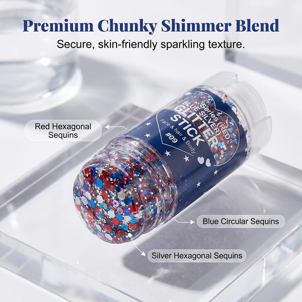 4th of July Glitter Stick, Patriotic Red White and Blue Face Hair Body Glitter Stick, 4th of July Outfits for Women Men, Sparkling Glitter Makeup Beauty & Personal Care TAQIYEZ