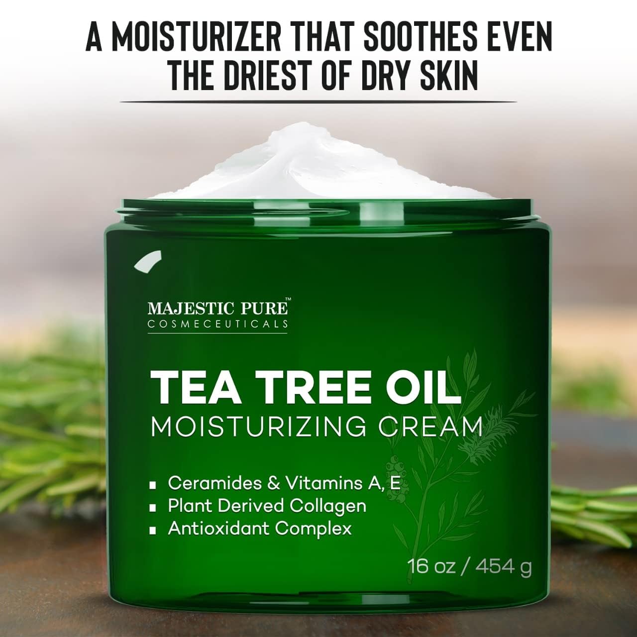 Majestic Pure Tea Tree Oil Moisturizing Cream - Body, Foot & Face Moisturizer - With Ceramides, Vitamins A E & Vegan Collagen - For Dry Skin, Oily Beauty & Personal Care Majestic Pure