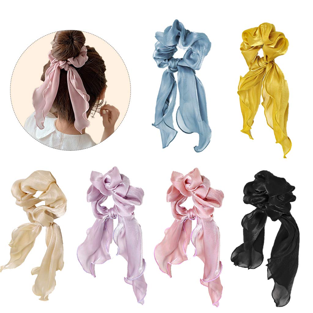 Silk Satin Bow Hair Ties, Chiffon Hair Ties in Boho Style, Bows Ponytail Accessories for Women or Girls (6 pcs)