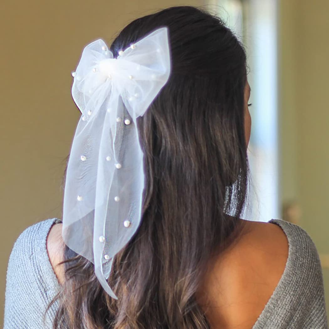 JEAIRTS Bridal Hair Bow Veil Pearl Wedding Hair Piece White Tulle Bow with Clip Bachelorette Party Hair Accessories for Women Beauty & Personal Care JEAIRTS