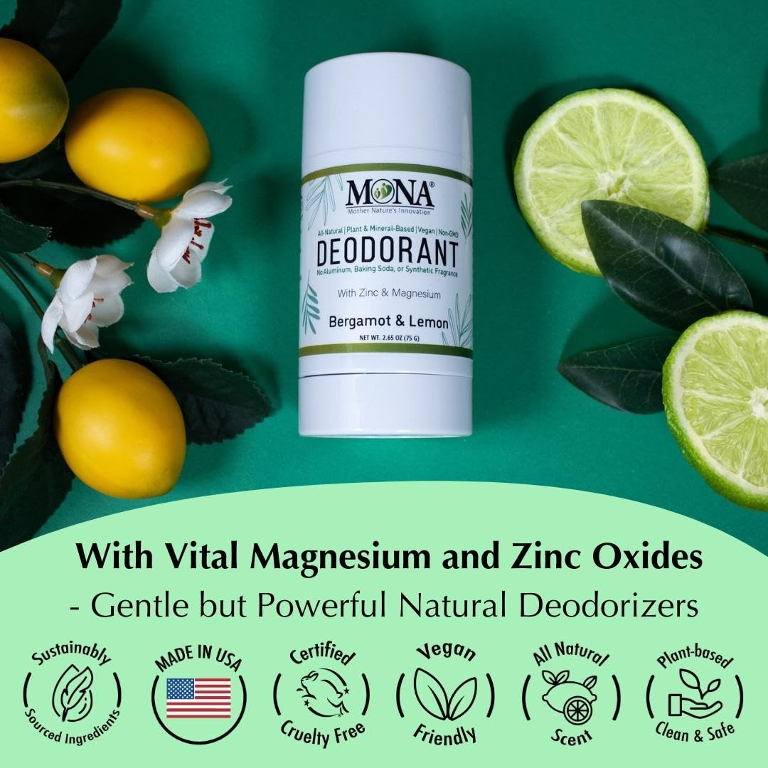 MONA Brands All Natural Magnesium Deodorant for Women & Men - Baking Soda & Aluminum Free (Bergamot Lemon) 2.65oz Beauty and Personal Care MONA