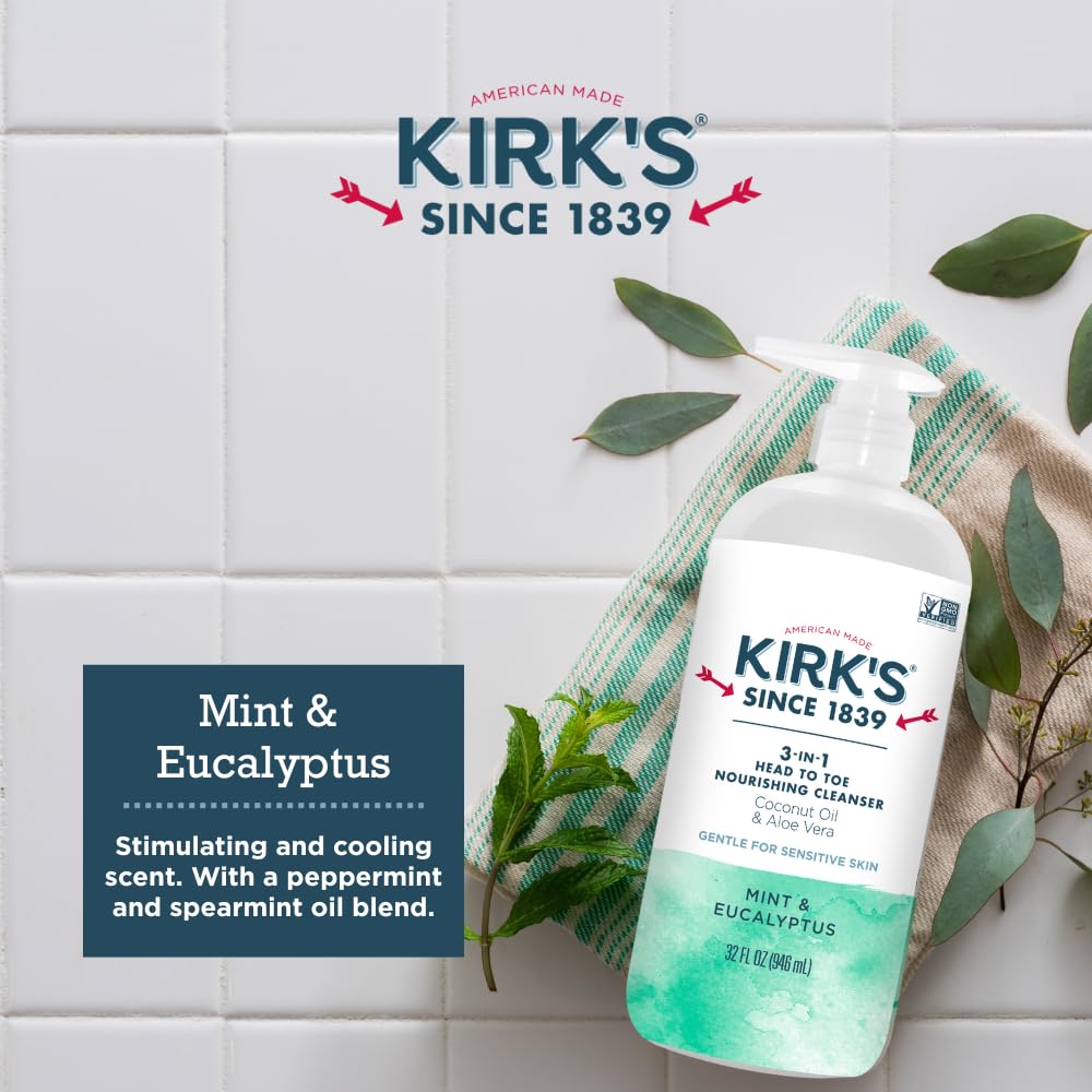 Kirk's Mint and Eucalyptus 3-in-1 Nourishing Cleanser, Shampoo Body Wash Bubble Bath, Coconut Oil and Aloe Vera, Vegan Non-GMO, 32 Fl Oz, Pack of 2 Beauty & Personal Care Kirk's