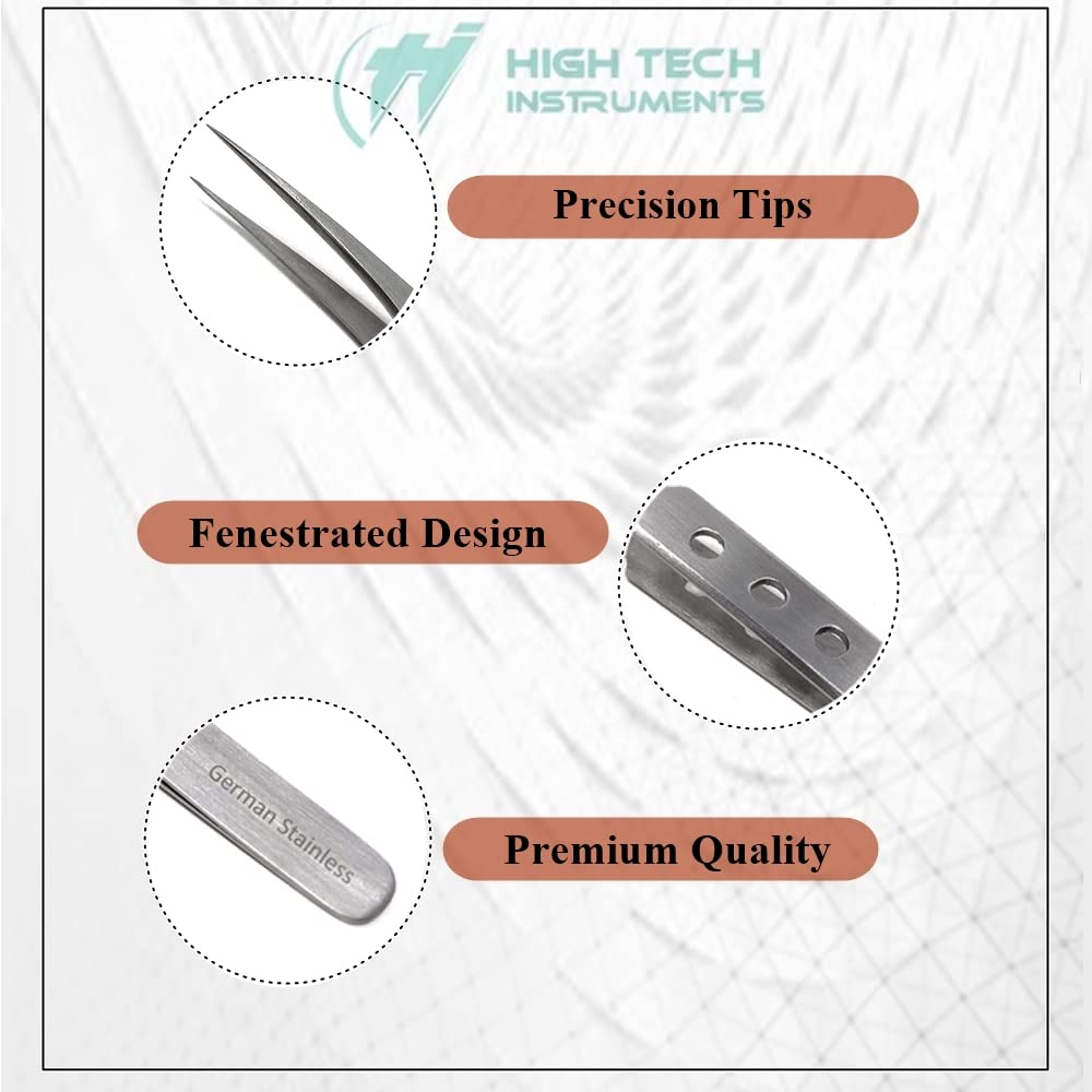 Professional Stainless Steel Tweezers 4.75" with Fine Precision Tips & Fenestrated Handle Suitable for Facial Hair, Splinter and Ingrown Hair Removal Beauty and Personal Care HIGH TECH INSTRUMENTS