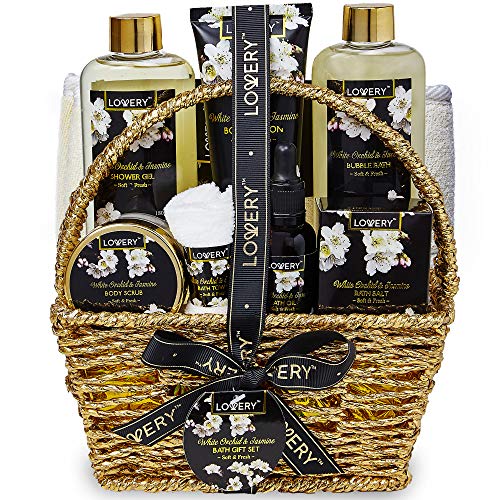 Gift Baskets for women Mom Gifts, Bath and Body Spa Set- Orchid & Jasmine Home Spa Set With Body Scrubs, Lotions, Oils, Gels and More - Care Package Beauty & Personal Care LOVERY