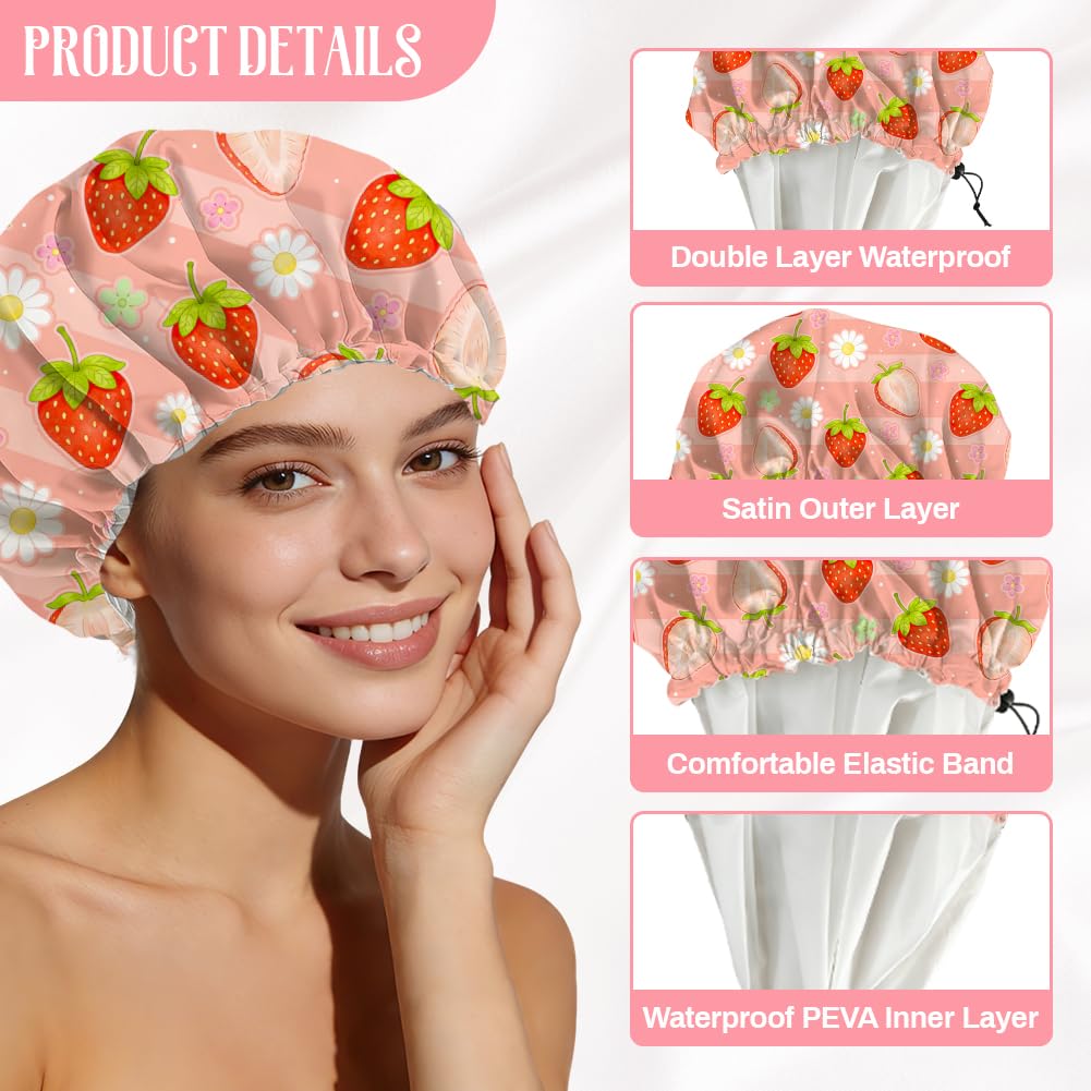 DELORIGIN Strawberries Reusable Shower Cap Cute Fruit Double Layer Waterproof Shower Caps Large Elastic Hair Cover Adjustable Hair - Drying Caps Beauty and Personal Care DELORIGIN