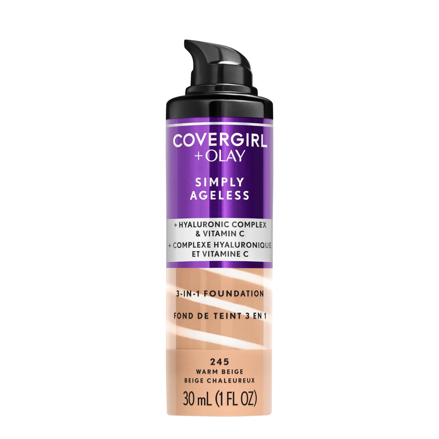 COVERGIRL & Olay Simply Ageless 3-in-1 Liquid Foundation, Matte Finish, Hyaluronic & Vitamin C Formula, 245 Warm Beige, 1 Count Beauty & Personal Care COVERGIRL
