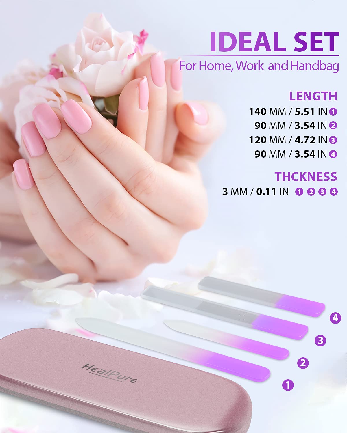 Glass Nail File and Nail Shiner, 4PC Crystal Nail File and Nano Glass Nail Buffer, Premium Set with Case, Professional Manicure Tool Fingernail Czech Beauty & Personal Care HealPure