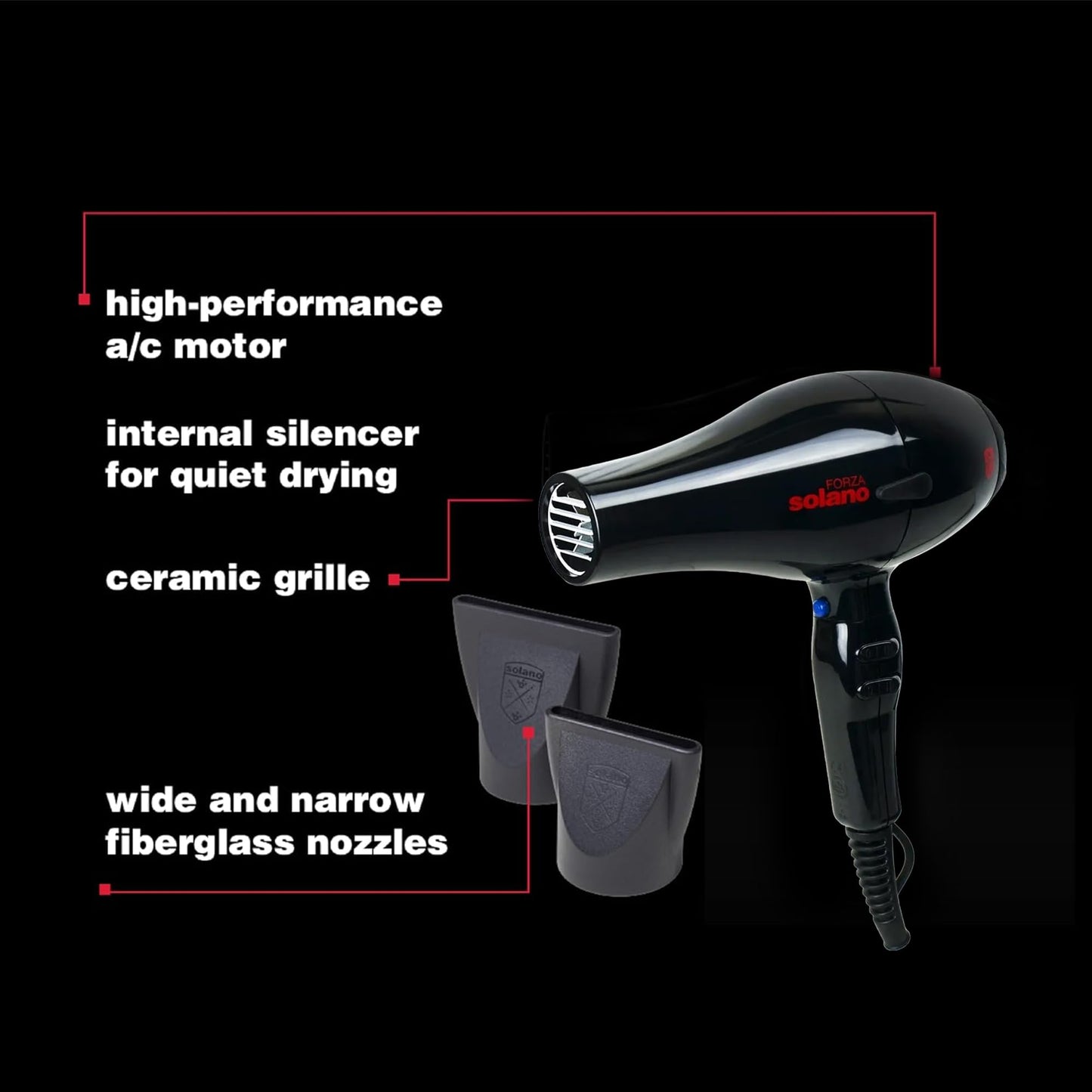 Solano Forza Ultra-Fast Ionic Far Infrared Hair Dryer | Eliminate Frizz + Enhances Volume | 1875 Watt + Tourmaline + Internal Silencer | Italian-Made Beauty & Personal Care Solano