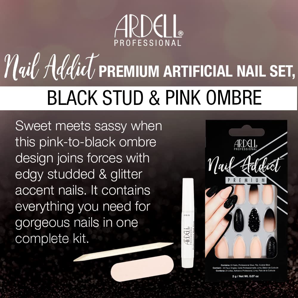 Ardell Nail Addict Premium Press On Nails Almond Pink Black 24Pc Fake Nails