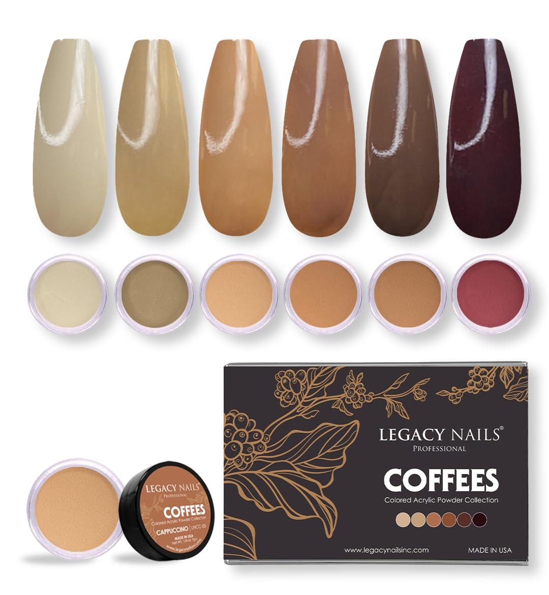 Legacy Nails Professional COLLECTION Acrylic Powder Kit 6 Colors Nail Art Set for Manicure DIY for Dip & Acrylic Nail Extensions (COFFEES COLLECTION)