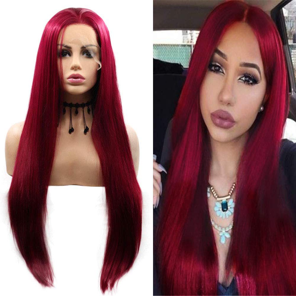 Red Wig for Women Long Burgundy Silky Straight Soft Heat Resistant Lace Front Wigs with Baby Hair Fashion Glueless Natural Hairline Synthetic Hair Wig